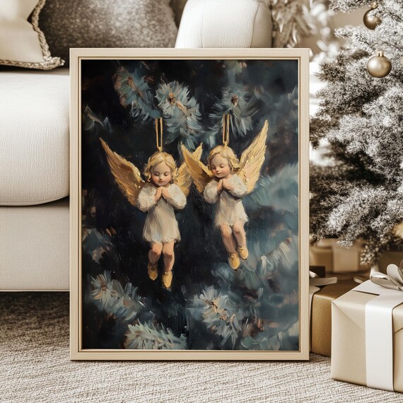 Moody Christmas Angel Ornaments Print Rustic Holiday Season Wall Gallery Art White Winter Evening Home Decor Snowy Cottagecore Poster