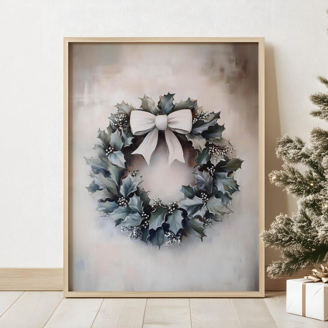 Elegant Holly Wreath with White Bow Muted Christmas Art Poster - Image 2