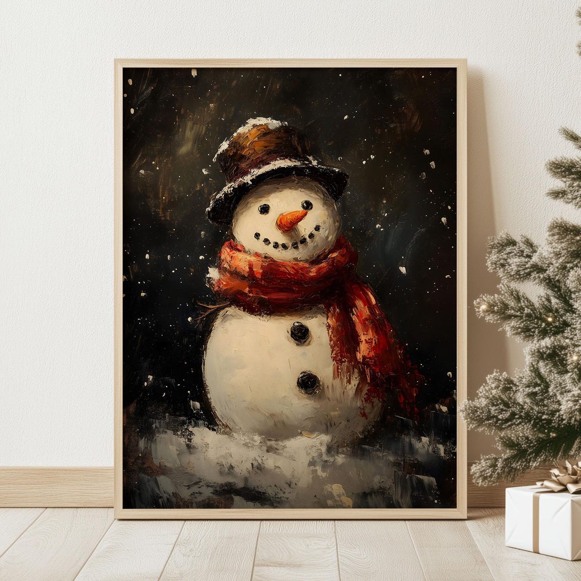 Cheerful Snowman with Red Scarf Moody Dark Oil Painting Poster - Image 2