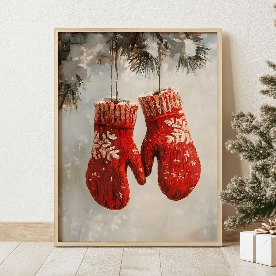 Red Knit Mittens Hanging from Pine Branch Vintage Christmas Poster - Image 2