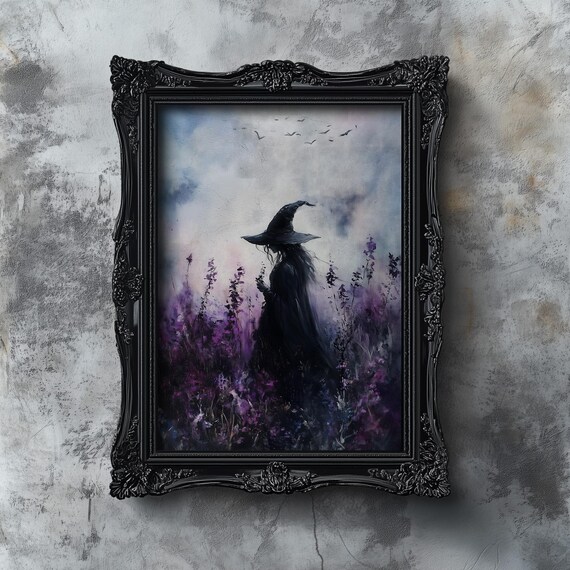 Purple Bloom Witch Print Halloween Witchy Wildflower Art Autumn Floral Witch Painting Dark Academia Gothic Moody Fall Decor