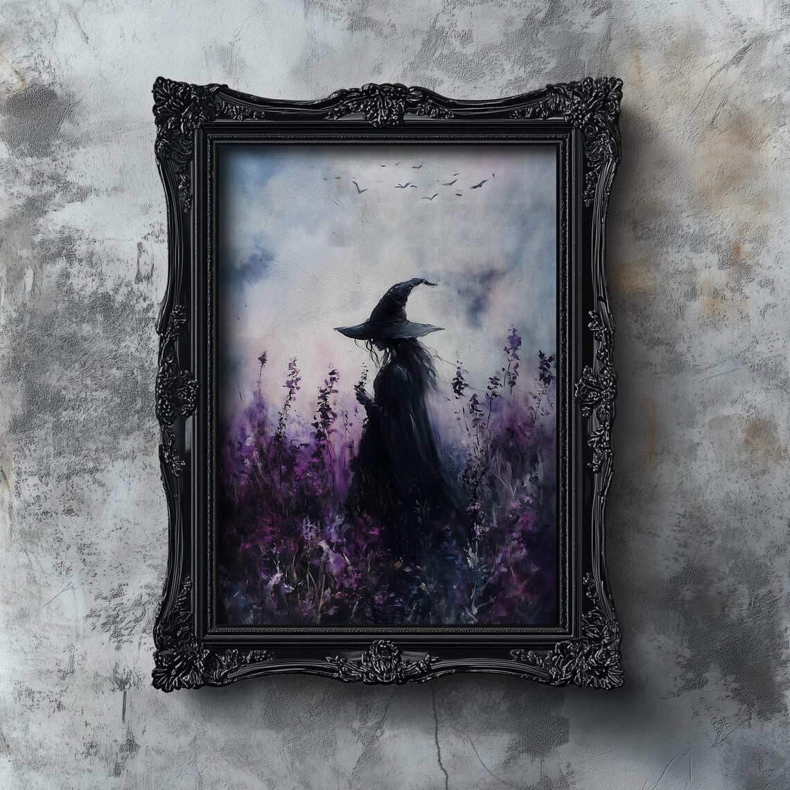 Moody Witch in Purple Wildflowers Watercolor Halloween Art Poster