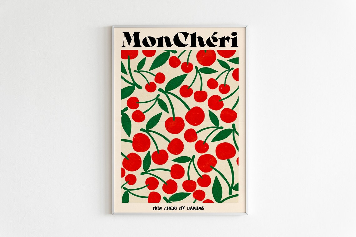 Mon Cheri Cherries Retro French Typography Kitchen Art Poster - Image 2