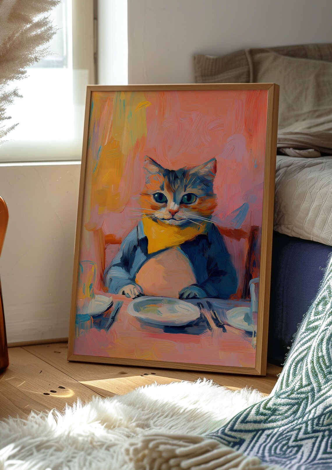 Cat in a Jacket with Bandana Dining at a Table Portrait Poster - Image 2
