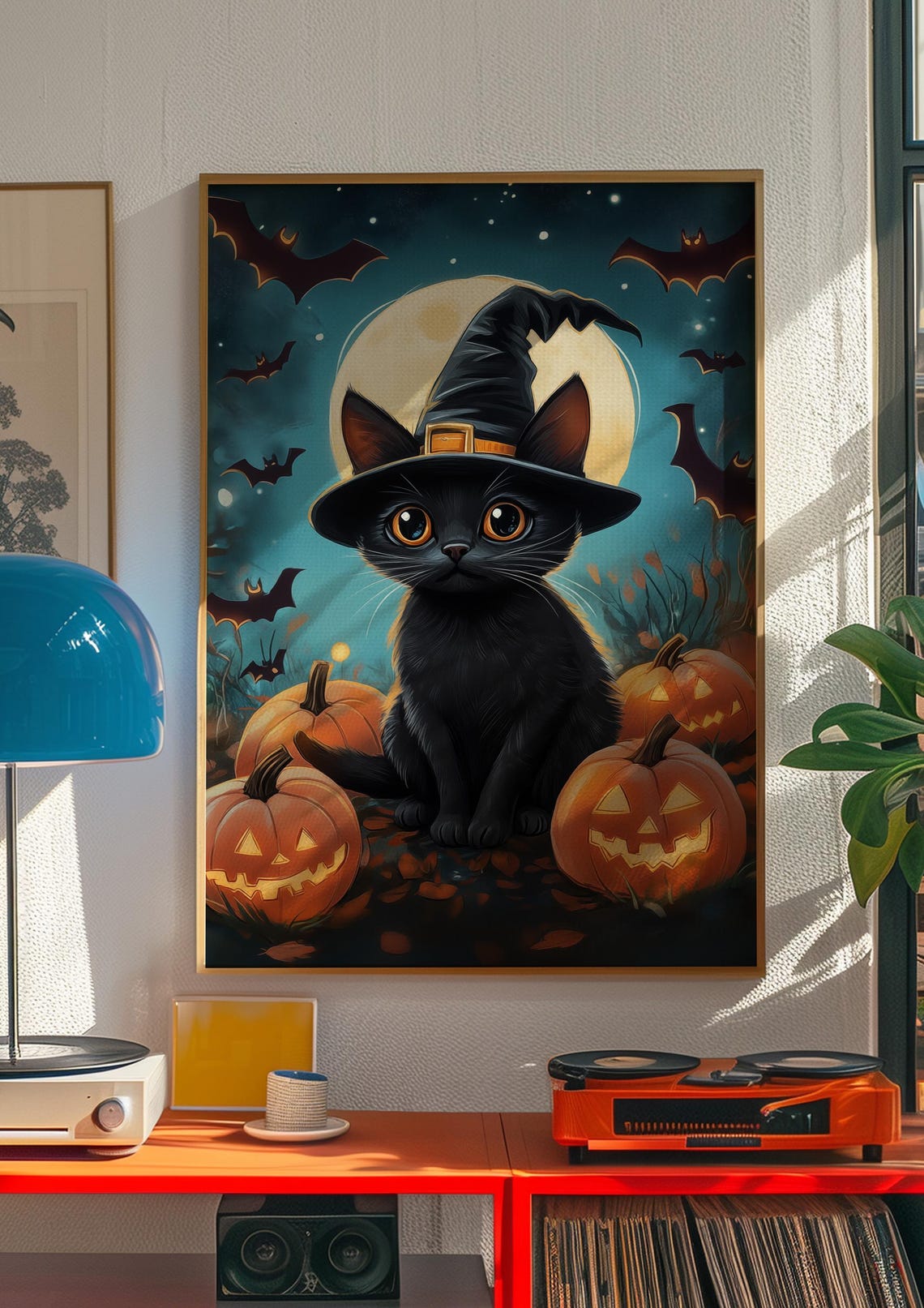 Black Cat Witch Hat Halloween Pumpkin Night Magical Moon Poster - Image 3
