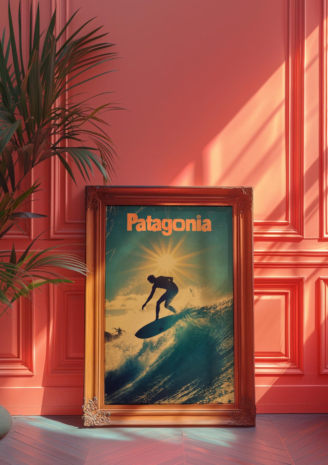Patagonia Sunset Surf Poster with Silhouetted Surfer on Big Wave - Image 2