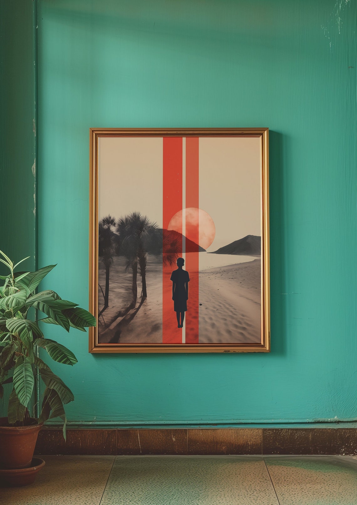 Woman Silhouette on a Beach at Sunset with Palm Trees Poster - Image 3