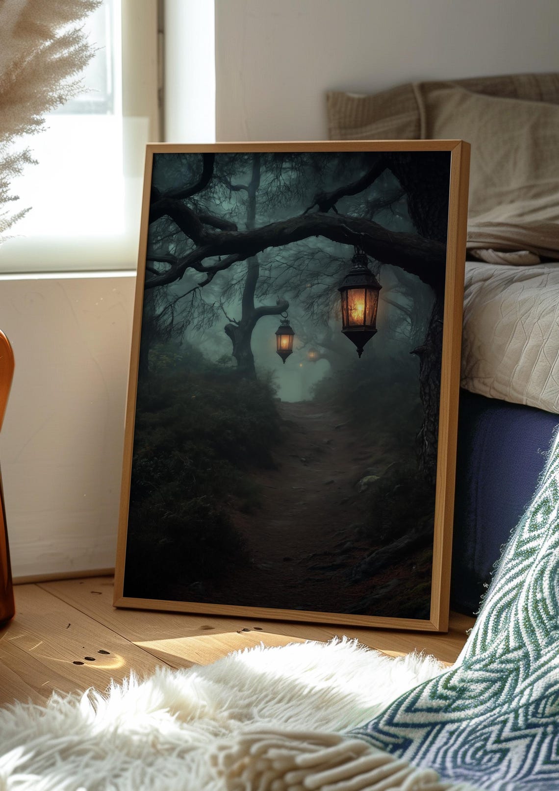 Foggy Dark Forest Path with Glowing Lanterns Night Scene Poster - Image 2