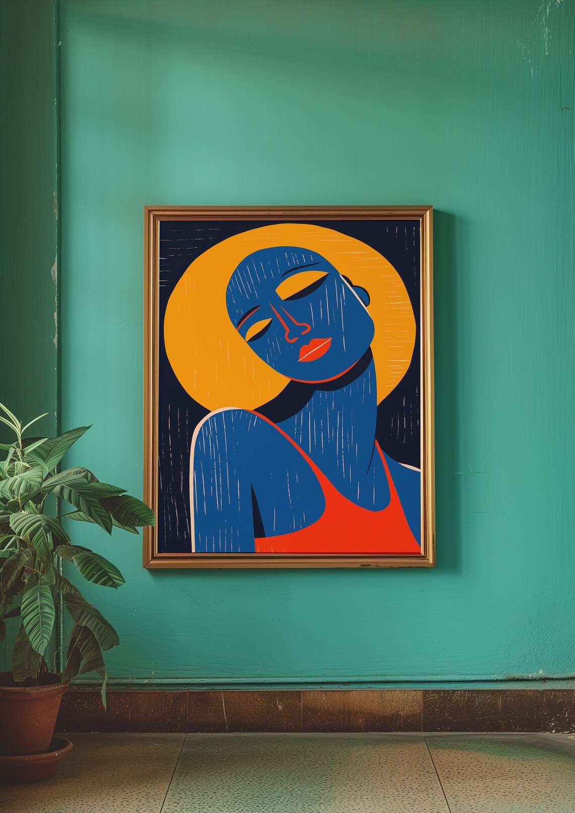 Abstract Blue Woman Silhouette with a Golden Halo Moon Poster - Image 2