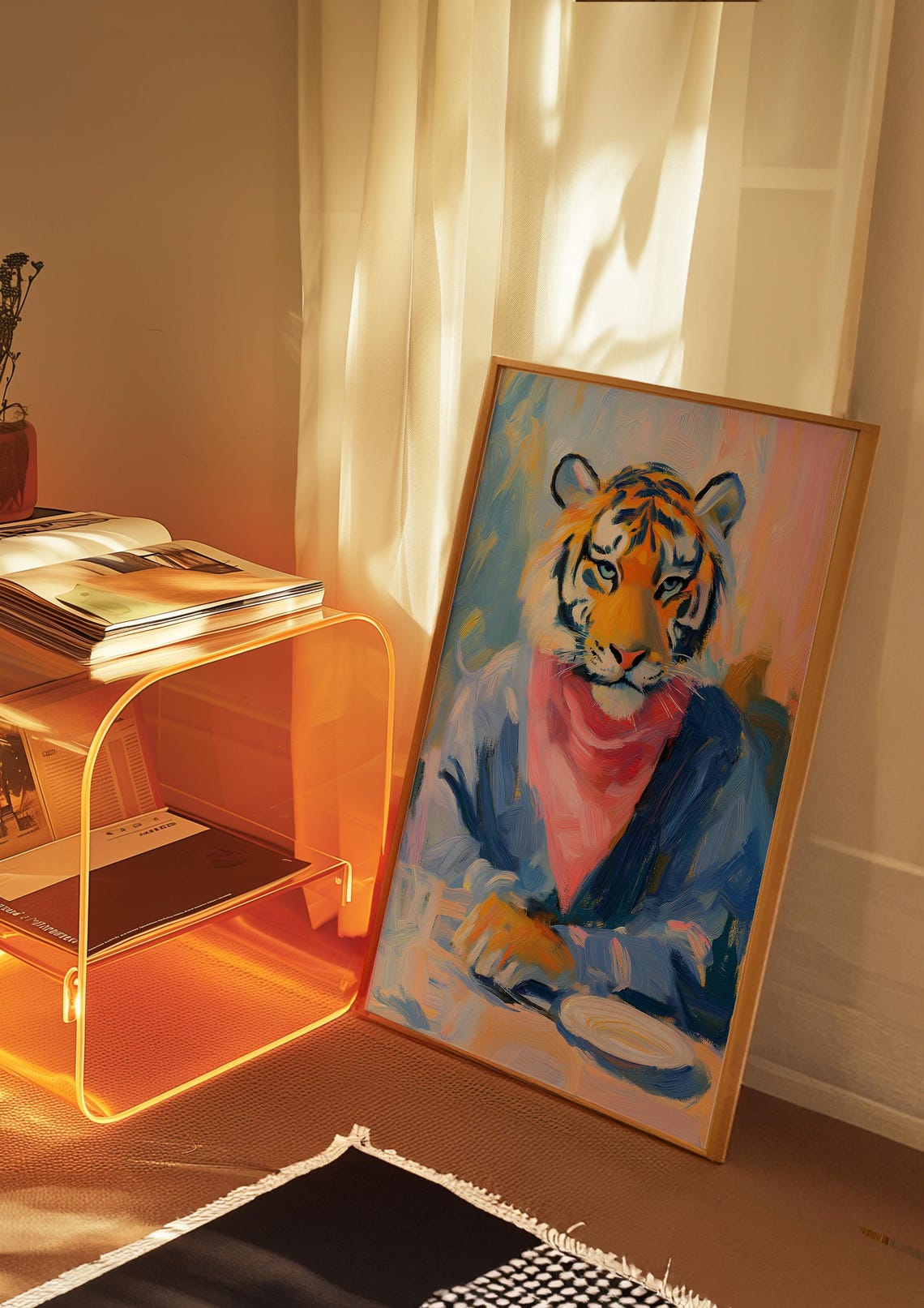 Tiger in a Blue Robe and Pink Scarf Dining Portrait Art Poster - Image 3
