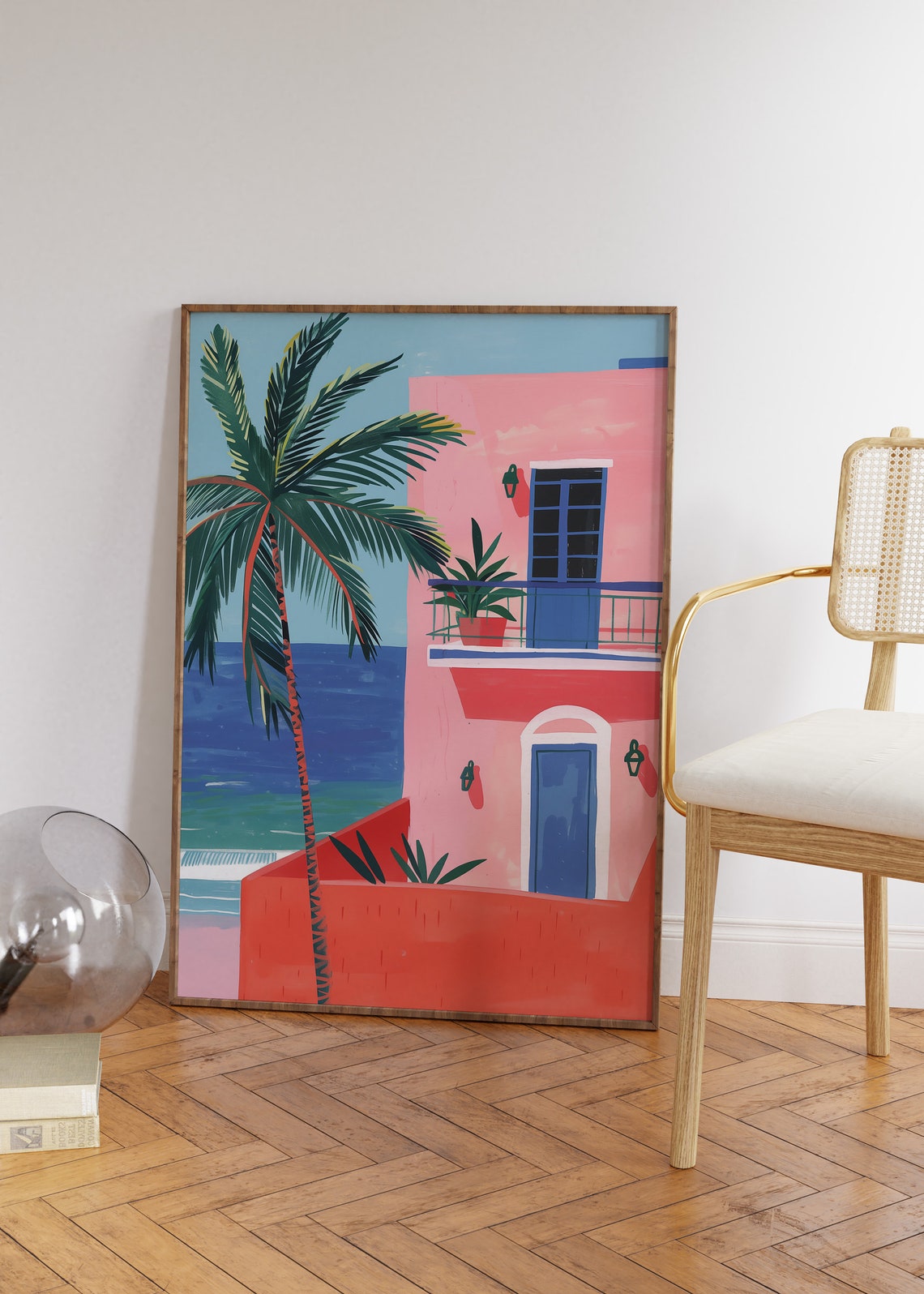 Pink Coastal Villa Poster with Palm Trees Over a Turquoise Sea View - Image 4