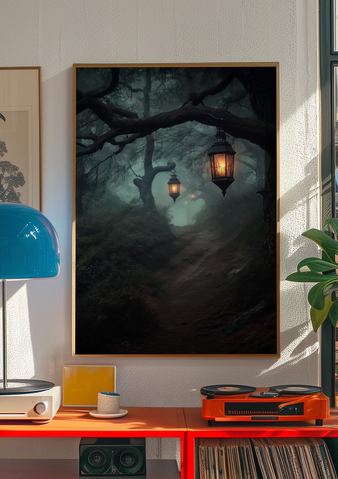 Foggy Dark Forest Path with Glowing Lanterns Night Scene Poster - Image 3