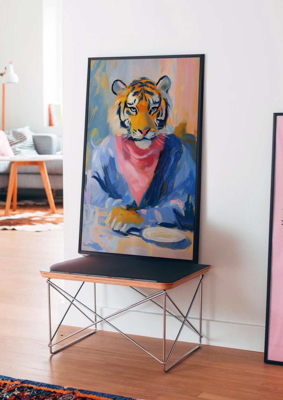 Tiger in a Blue Robe and Pink Scarf Dining Portrait Art Poster - Image 4