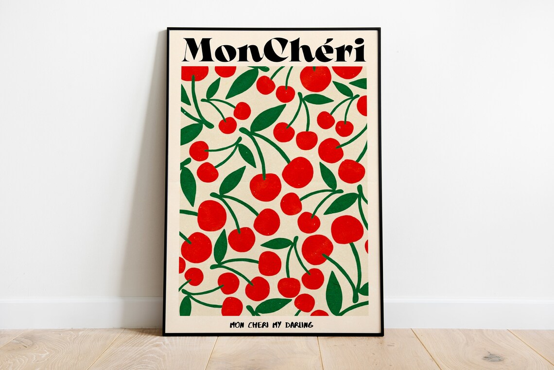Mon Cheri Cherries Retro French Typography Kitchen Art Poster - Image 3