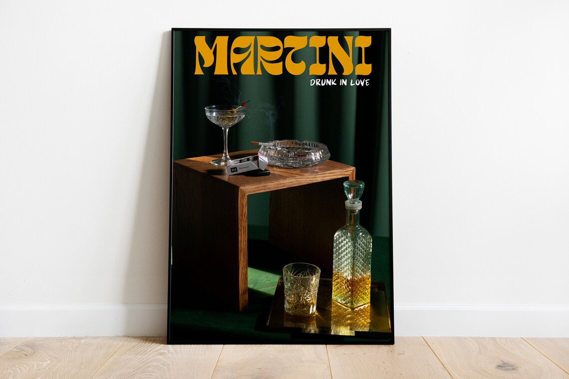 Martini Drunk in Love Moody Bar Cart Poster with Decanter and Coupe Glass - Image 3