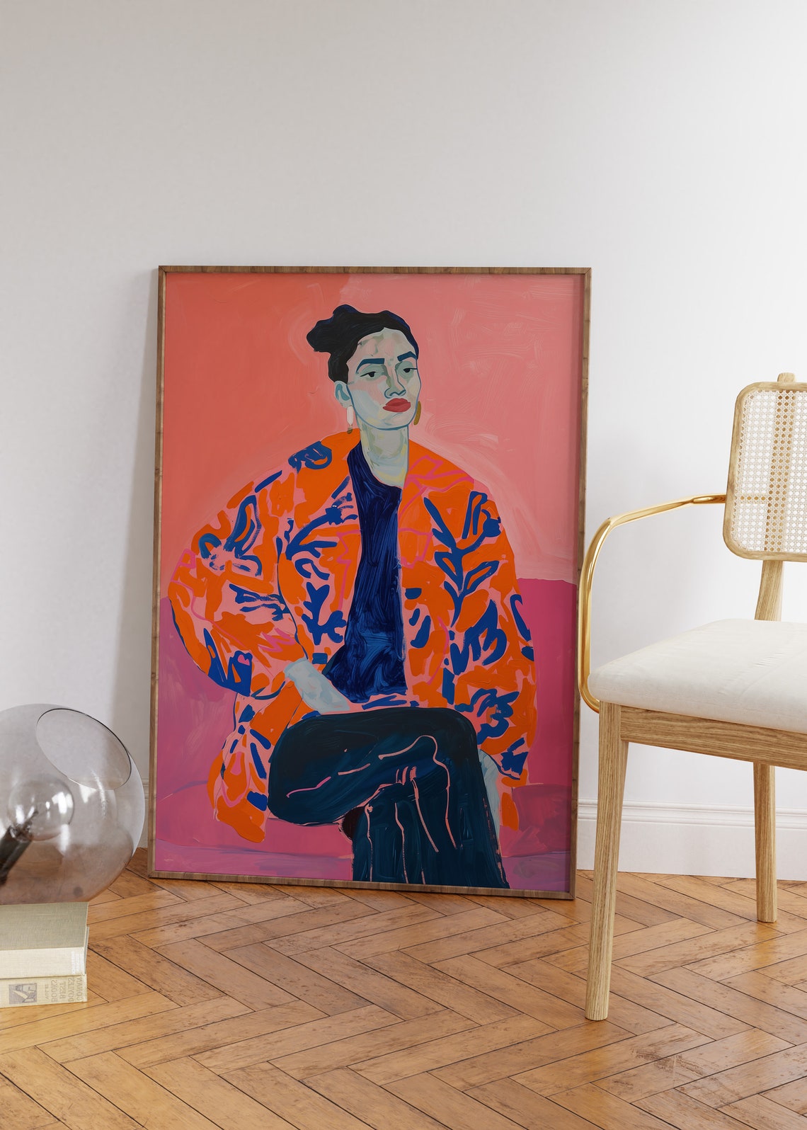 Colorful Painted Woman Portrait Poster in Orange Floral Kimono - Image 4
