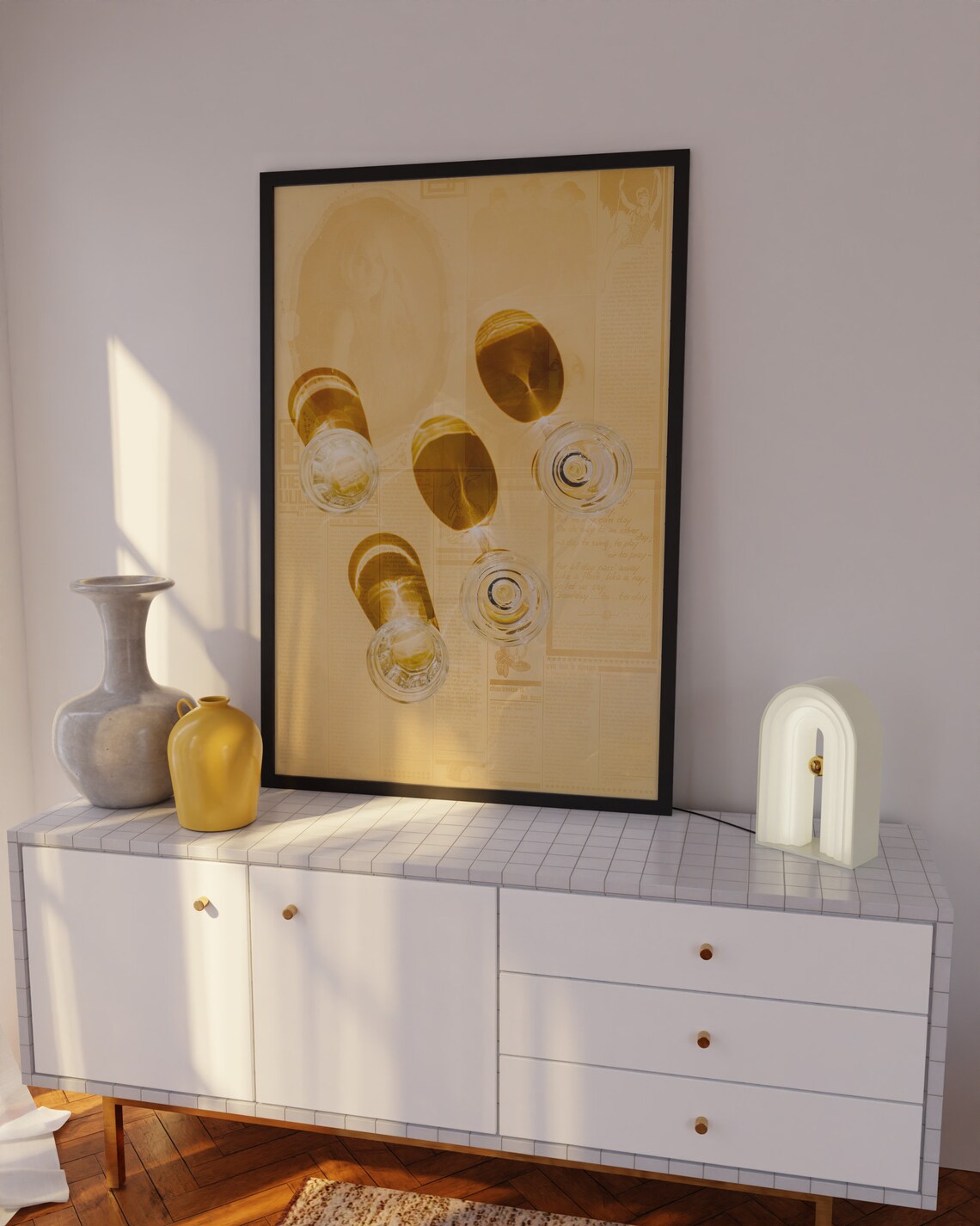 Warm Amber Wine Glass Shadows Over Vintage Newspaper Style Poster - Image 2