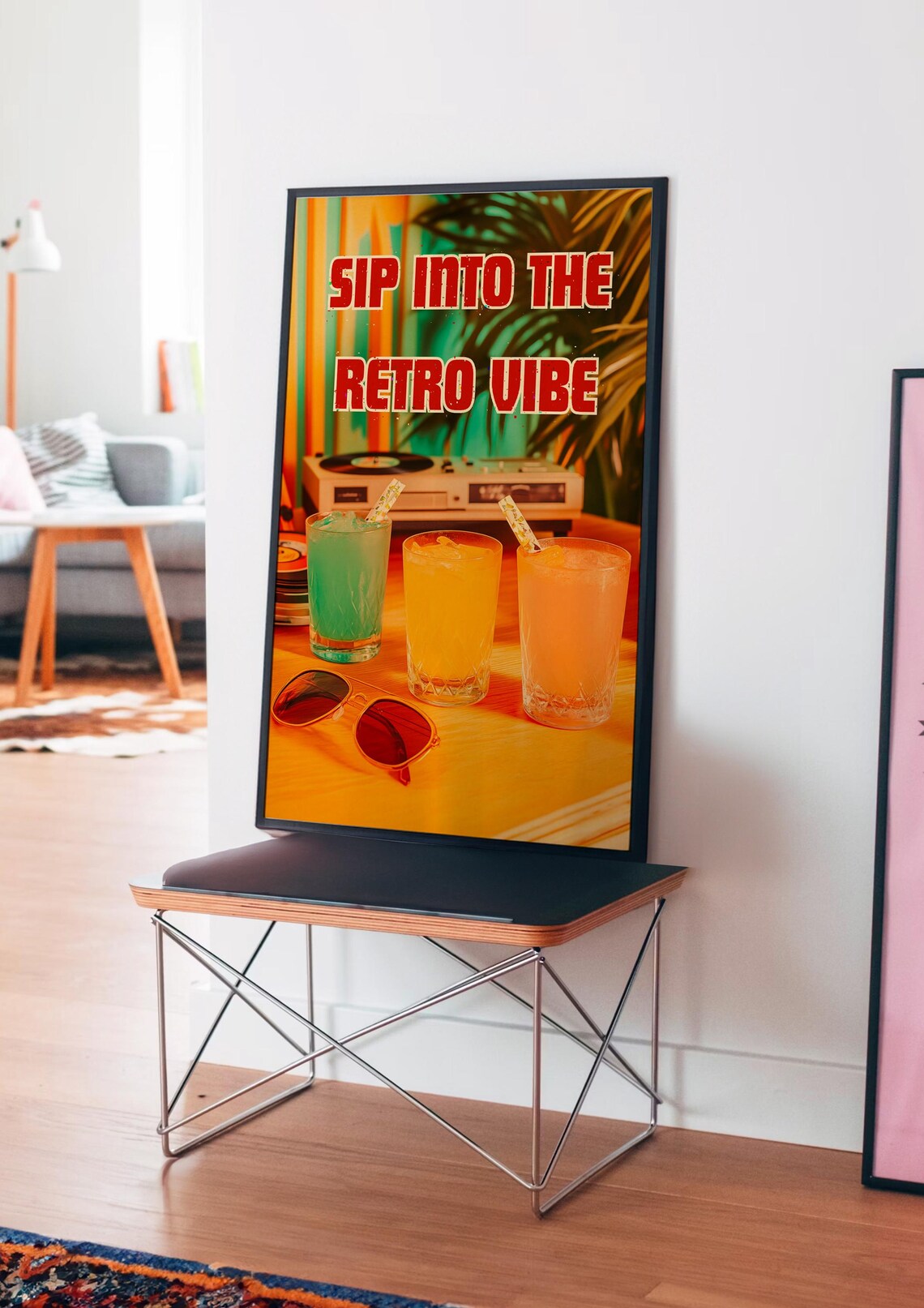 Sip Into the Retro Vibe 80s Neon Cocktail Poster with Sunglasses and Vinyl - Image 4