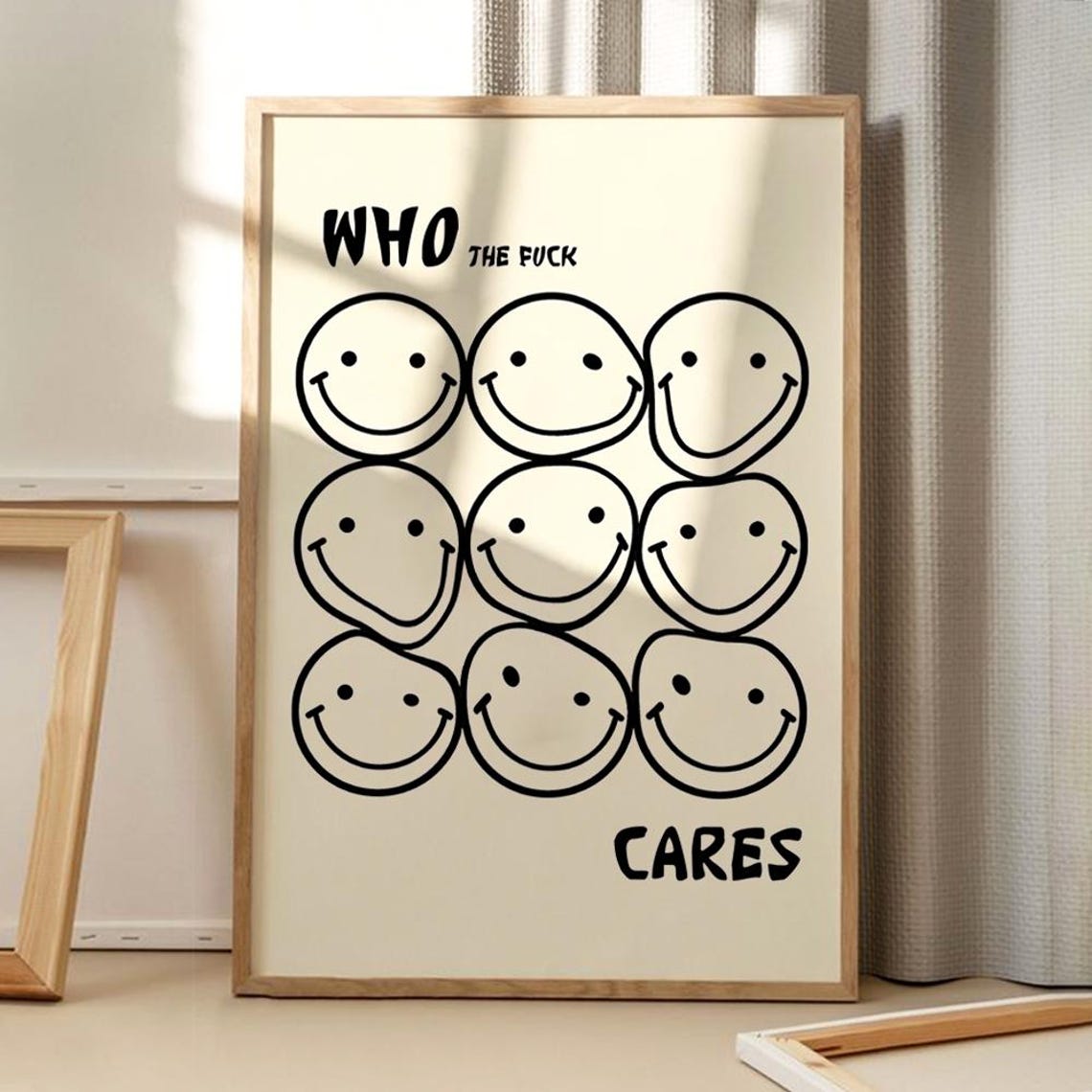 Who The Fck Cares Smiley Art Poster Minimally Wall Funny Decor Retro Home Print Printed Gift