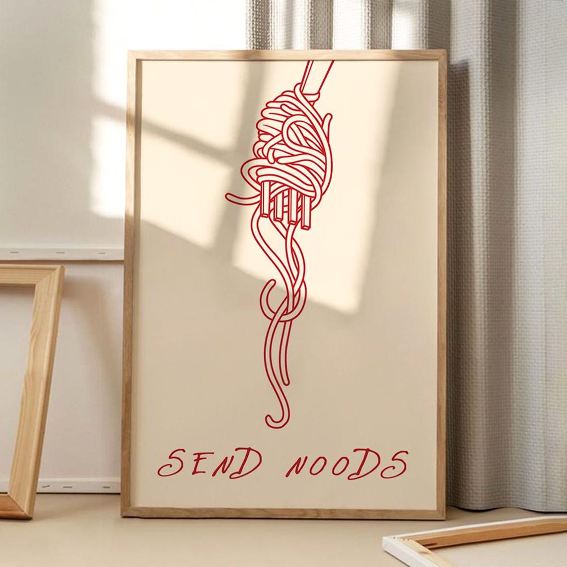Send Noods Funny Red Spaghetti Fork Line Art Kitchen Wall Poster