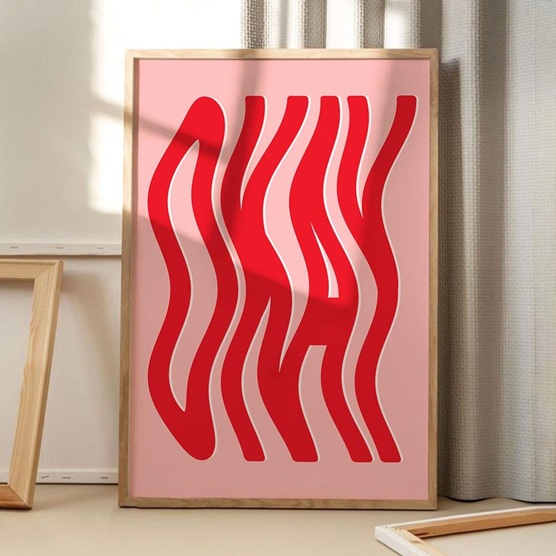 Groovy Wavy Okay Typography Red on Pink Retro Abstract Art Poster
