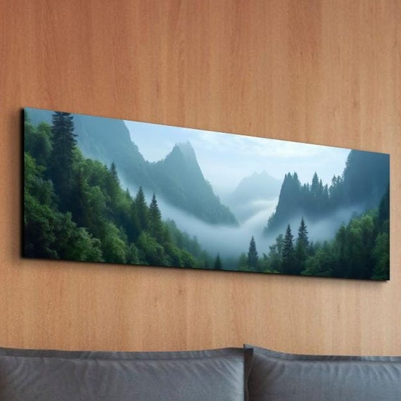 Morning Fog Over A Mountain Forest Panoramic Print Foggy Pine Tree Landscape Framed Wall Art Misty Mountain Landscape Art