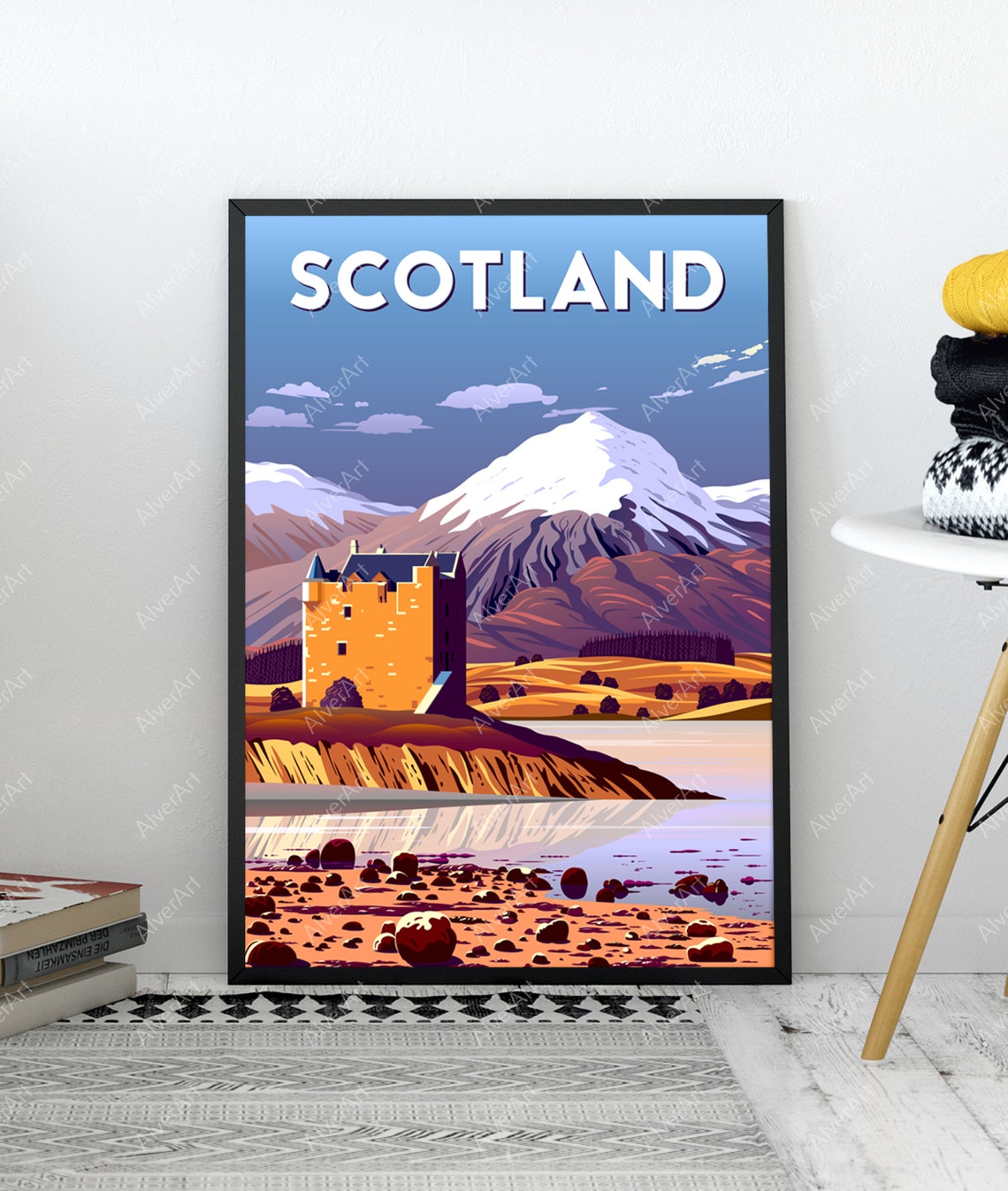 Scotland Castle By Loch Snowy Mountain Vintage Travel Poster - Image 3