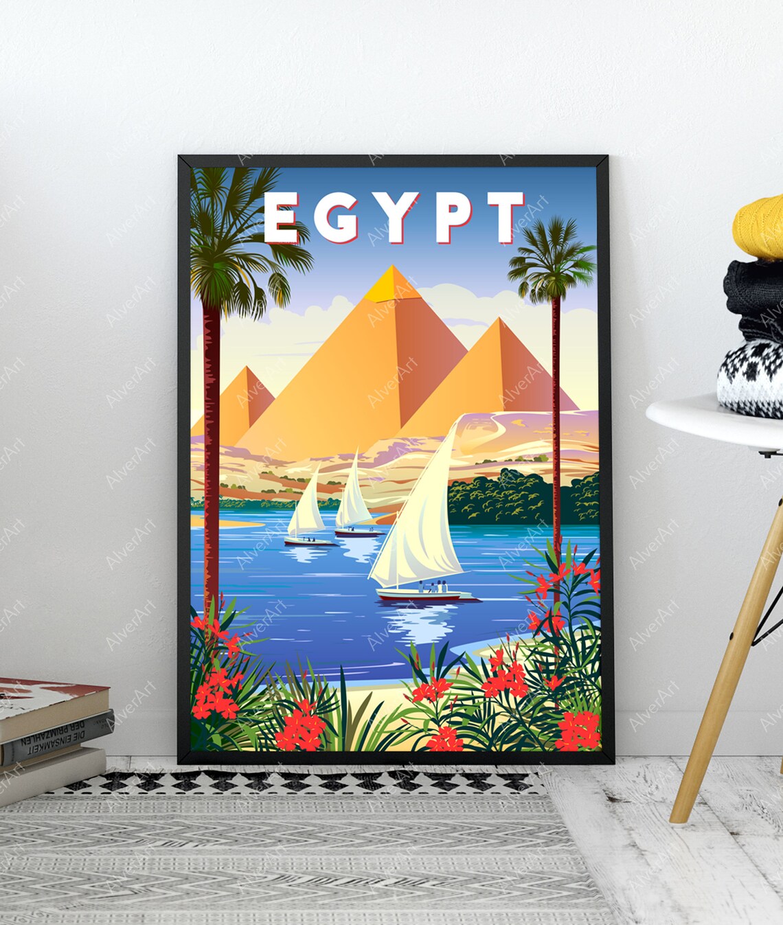 Egypt Pyramids Giza Felucca Sailboats Nile Vintage Travel Poster - Image 3