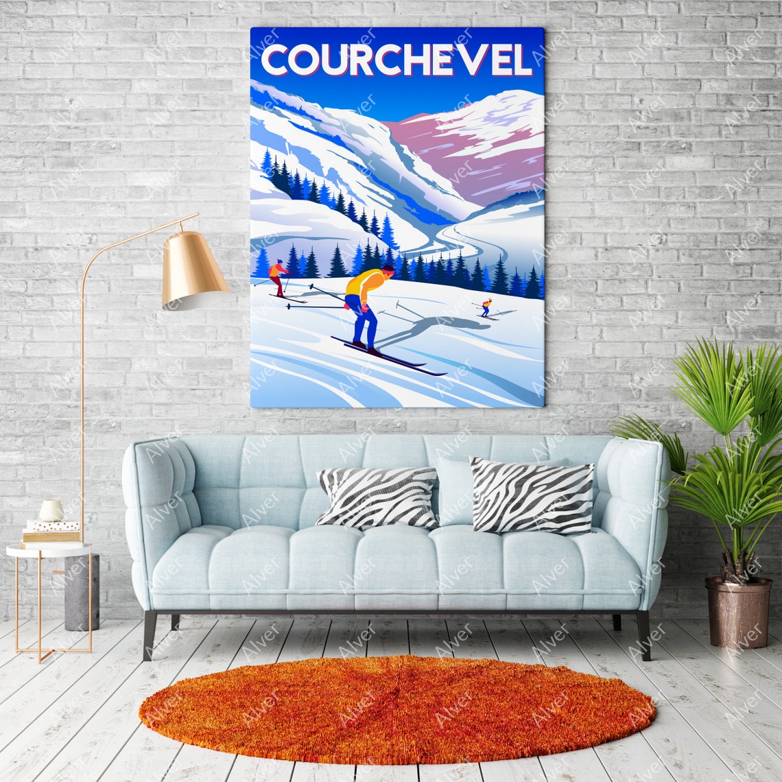 Courchevel French Alps Skiers Snowy Slopes Vintage Travel Poster - Image 2
