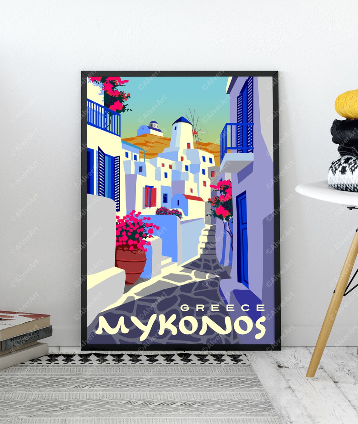 Mykonos Greece White Alley Windmill Bougainvillea Travel Poster - Image 2