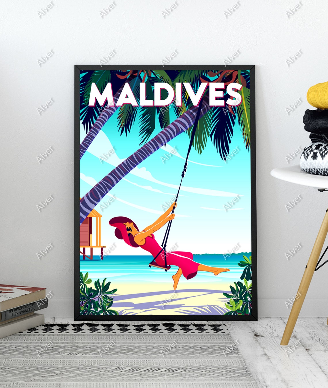 Maldives Woman Beach Swing Palm Trees Tropical Ocean Scene Poster - Image 3