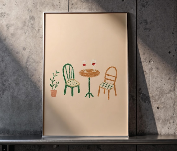 Hand Drawn Bistro Chairs Wine Glasses Poster Whimsical Cafe Art