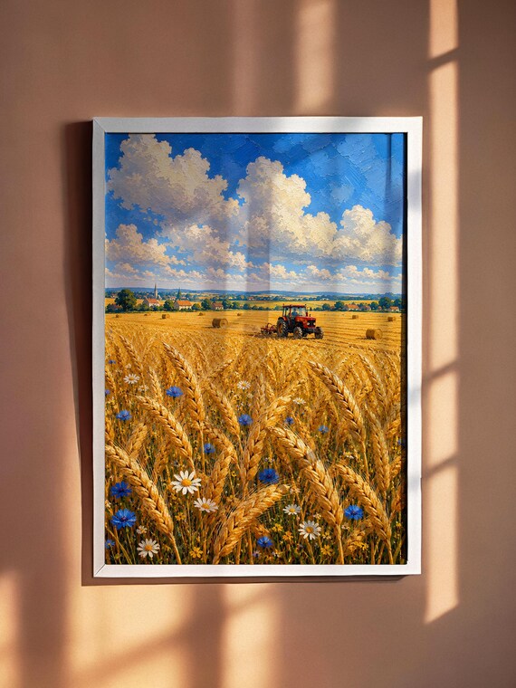 Golden Wheat Harvest Tractor Blue Cornflower Summer Field Poster