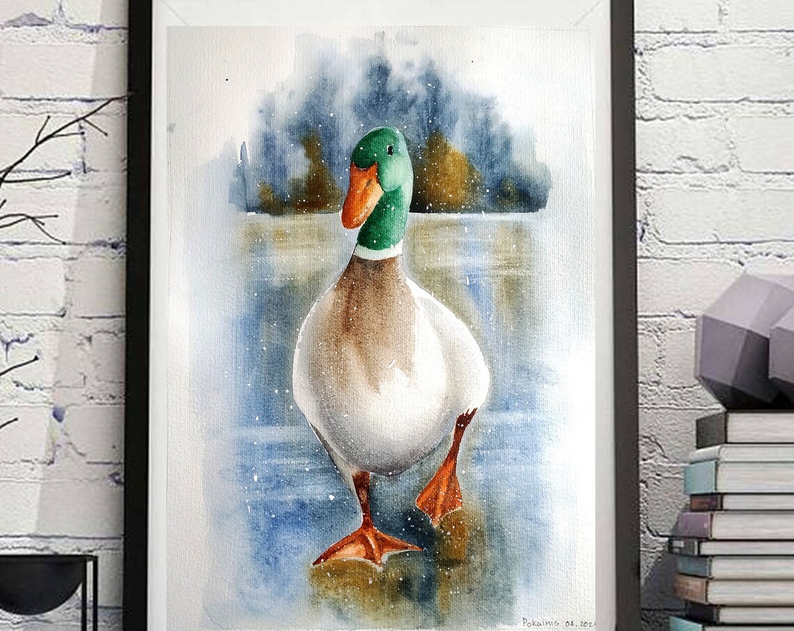 Mallard Drake in Winter Snow by the Water Watercolor Bird Poster - Image 2