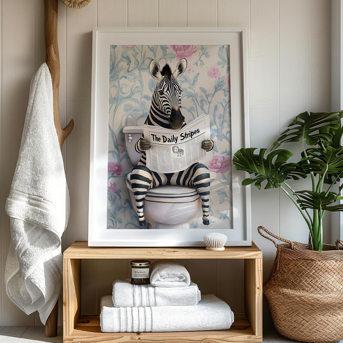 Zebra Reading The Daily Stripes on a Toilet With a Floral Wallpaper Poster - Image 3