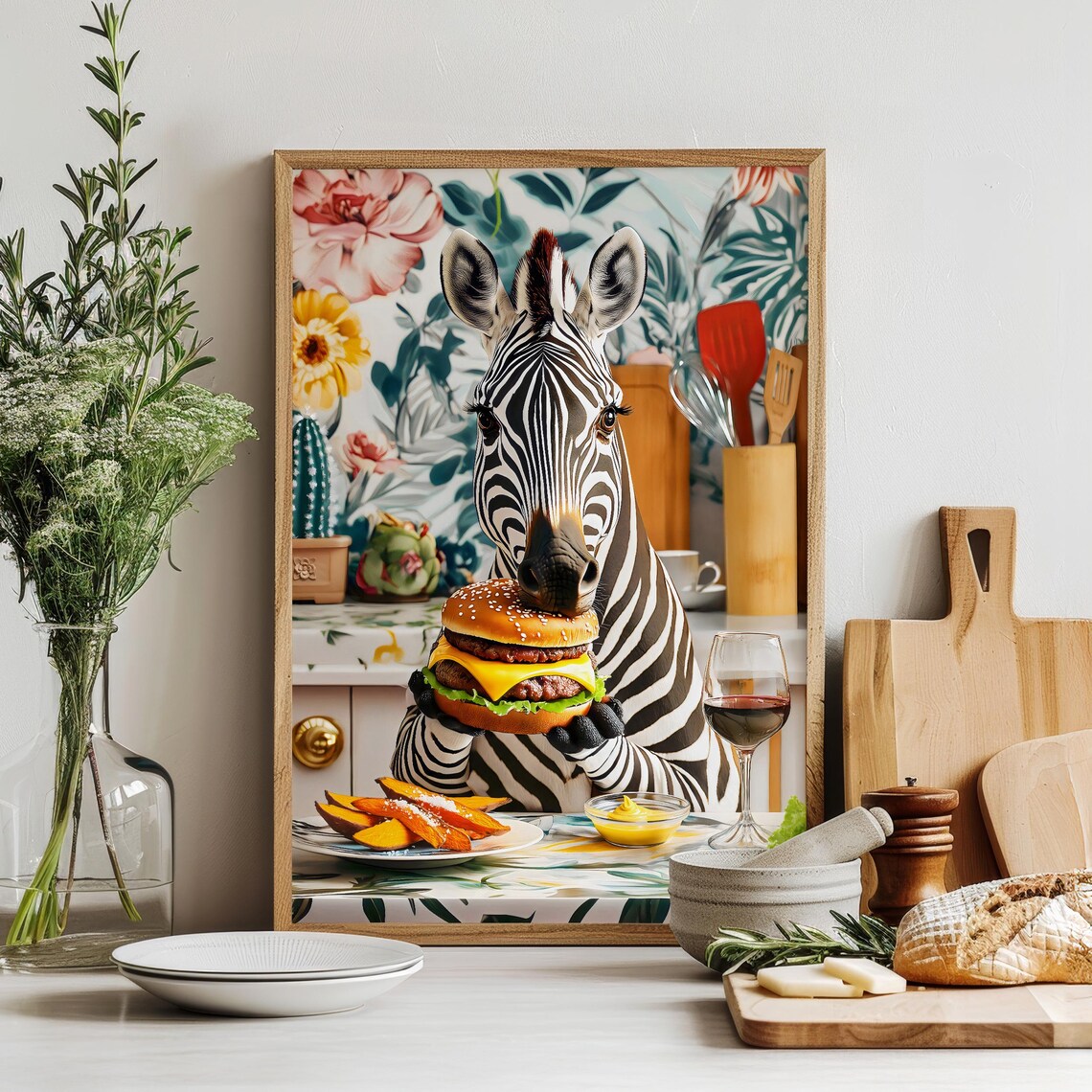 Zebra Eating A Burger, Humorous Kitchen Decor