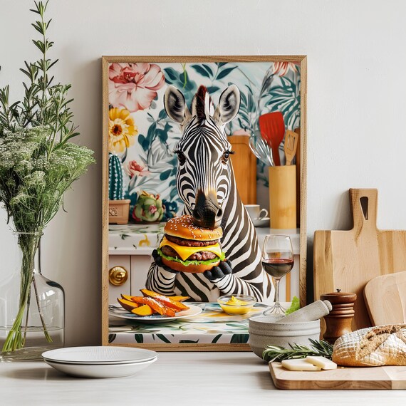 Zebra Eating A Burger, Humorous Kitchen Decor