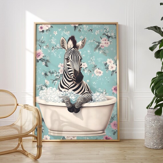 Zebra Relaxing in a Bubble Bath Against a Teal Floral Wallpaper Poster