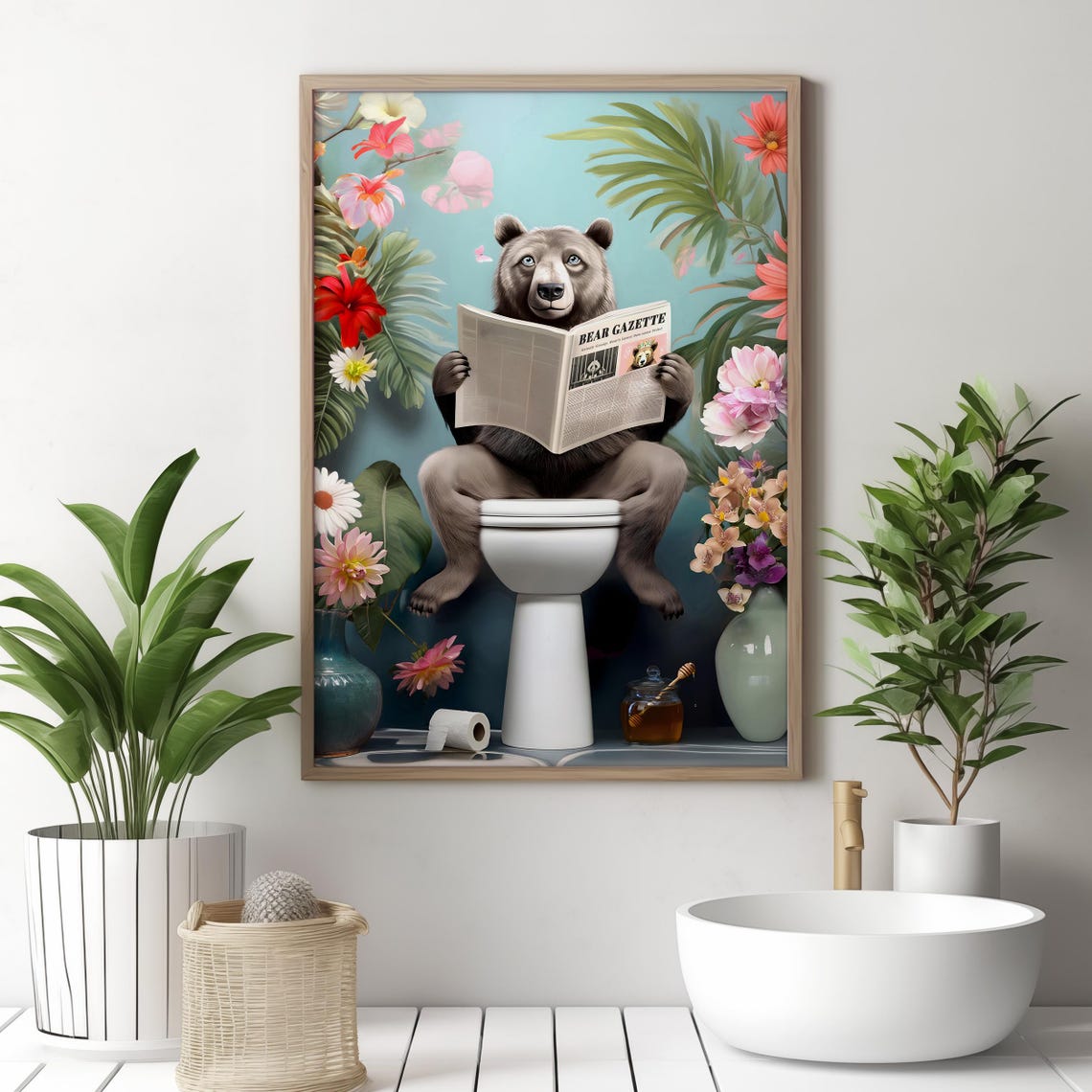 Brown Bear Reading the Bear Gazette on a Toilet Floral Poster - Image 4