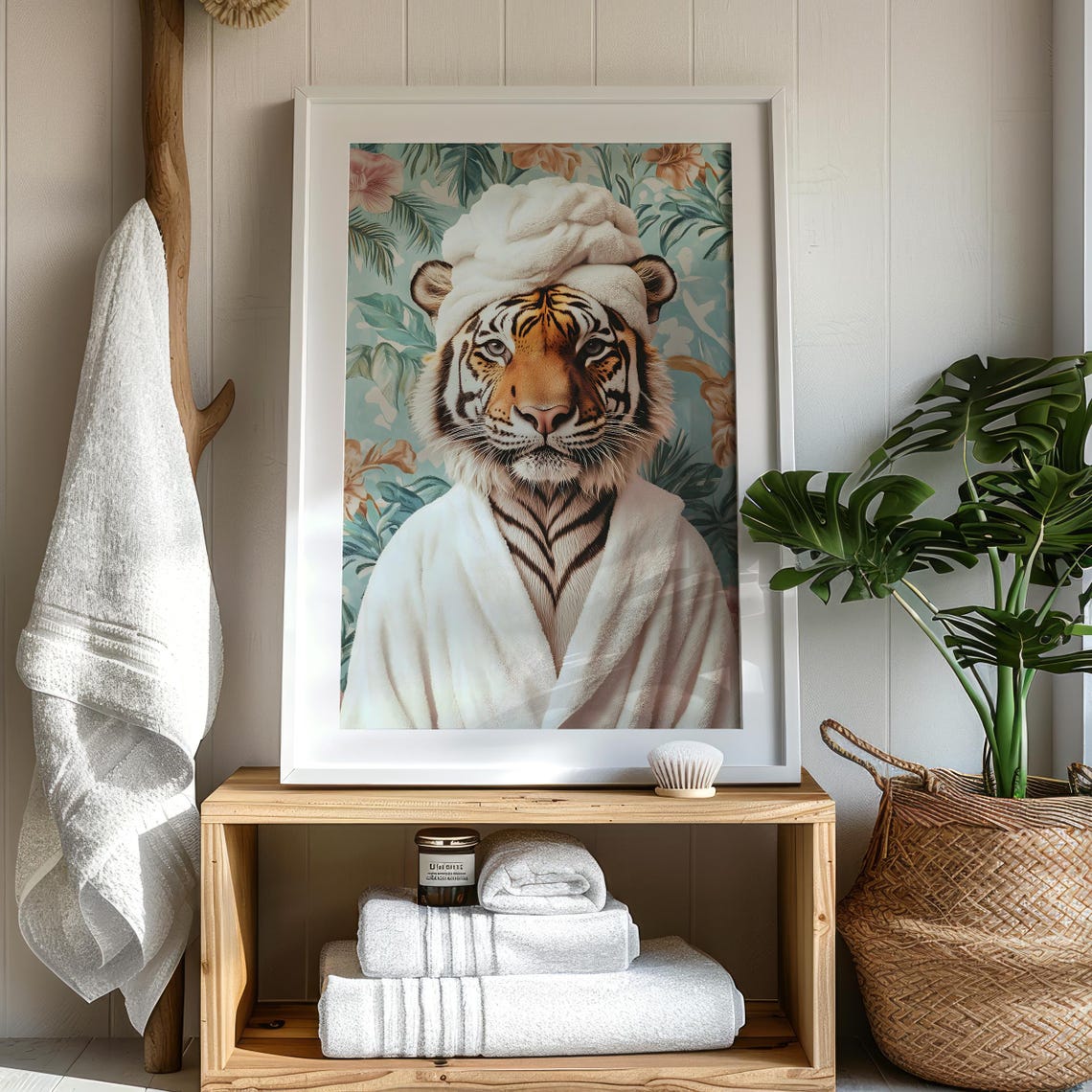 Tiger in a White Spa Robe and a Towel Turban Tropical Bathroom Poster - Image 3