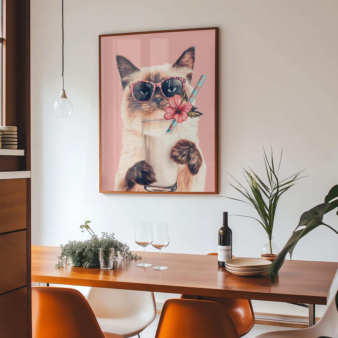 Siamese Cat in Sunglasses Holding a Glass of Milk With Flowers Poster - Image 4