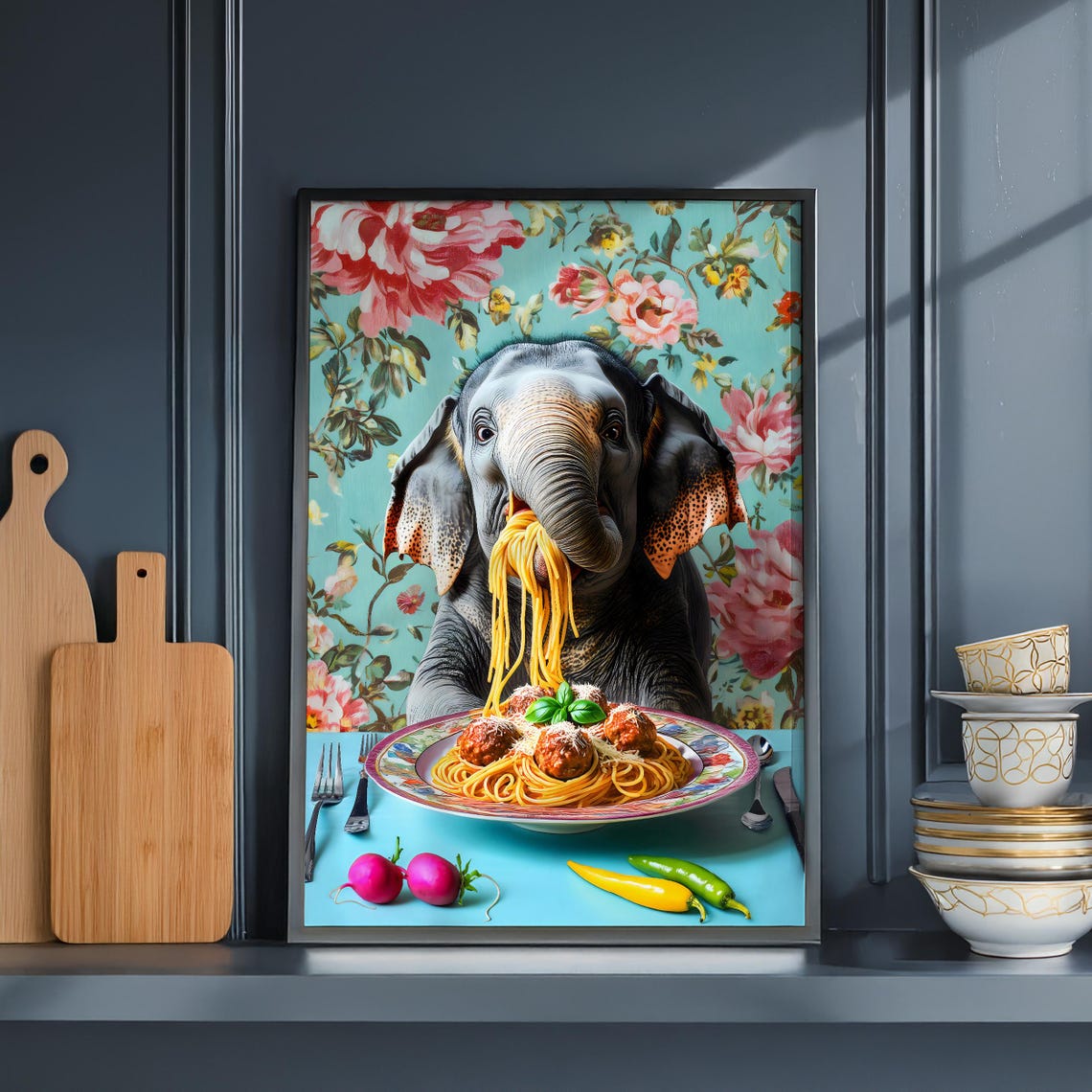 Elephant Eating Spaghetti and Meatballs Floral Kitchen Poster - Image 5