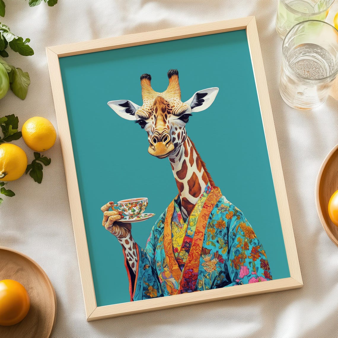 Elegant Giraffe in a Colorful Kimono Holding a Floral Teacup Poster - Image 6