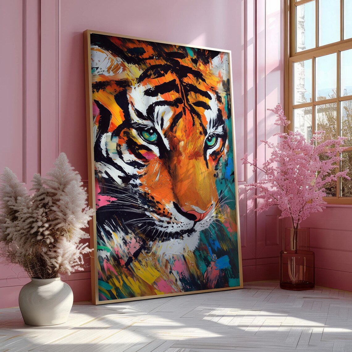 Tiger Face in Vivid Abstract Paint With Tropical Flowers Poster - Image 7