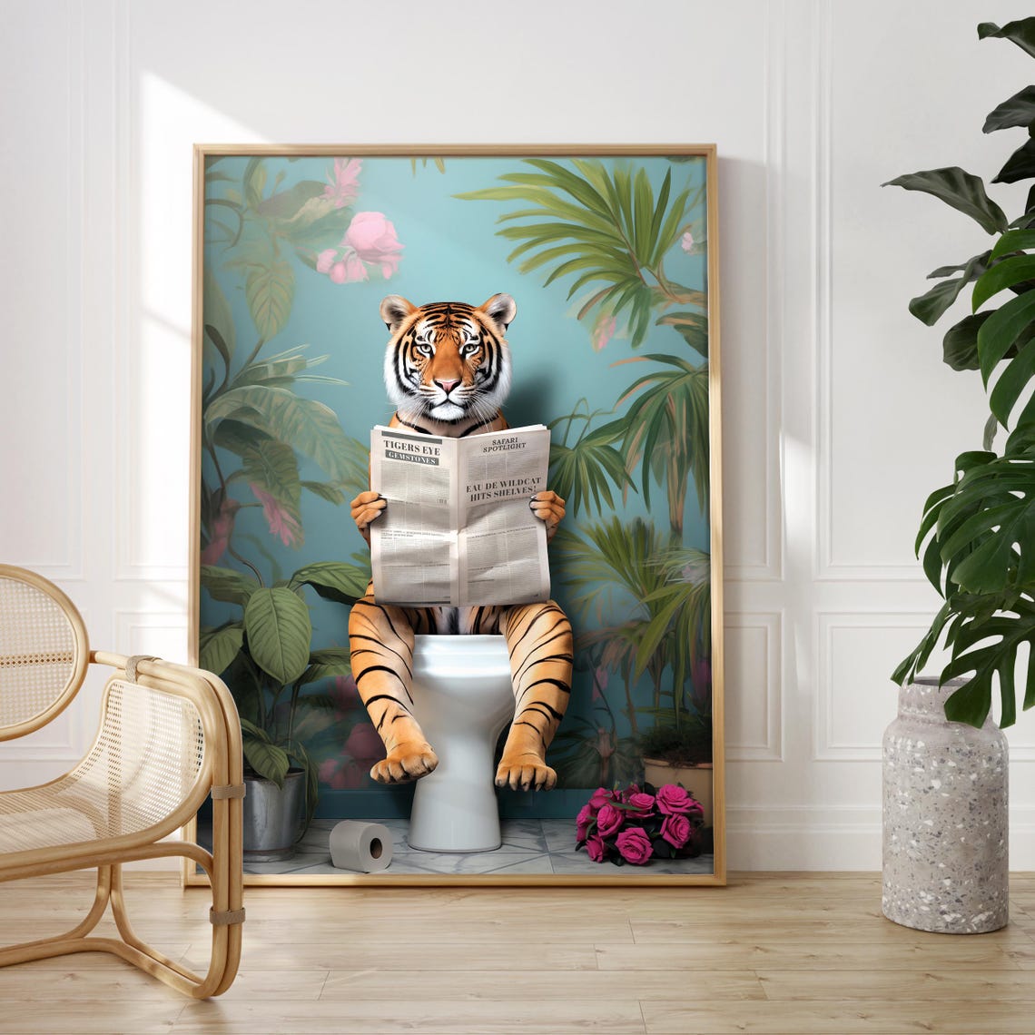 Tiger Reading the Paper on a Toilet in a Tropical Botanical Poster - Image 5