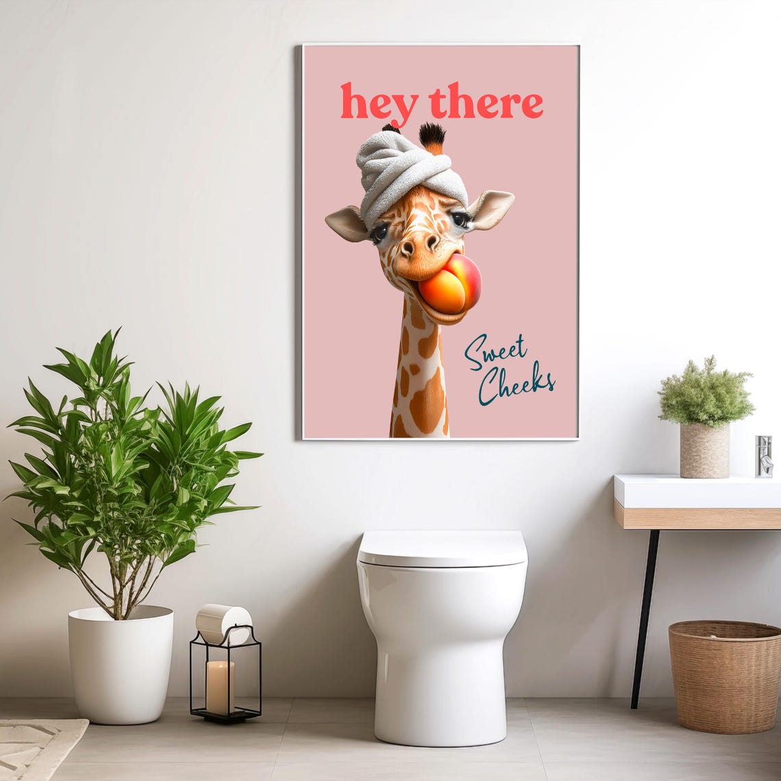 Hey There Sweet Cheeks Giraffe With a Peach on a Pink Poster - Image 3