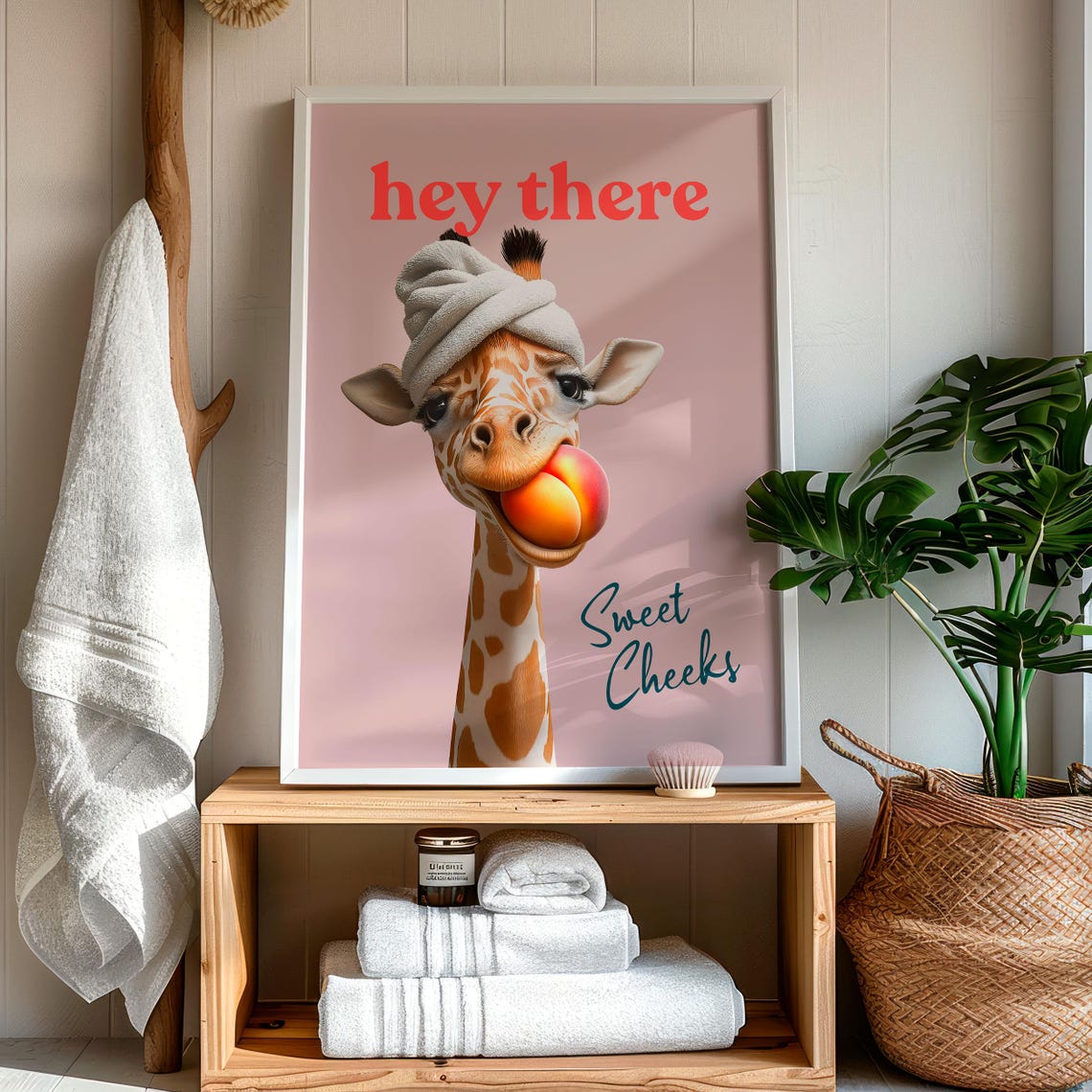 Hey There Sweet Cheeks Giraffe With a Peach on a Pink Poster - Image 7