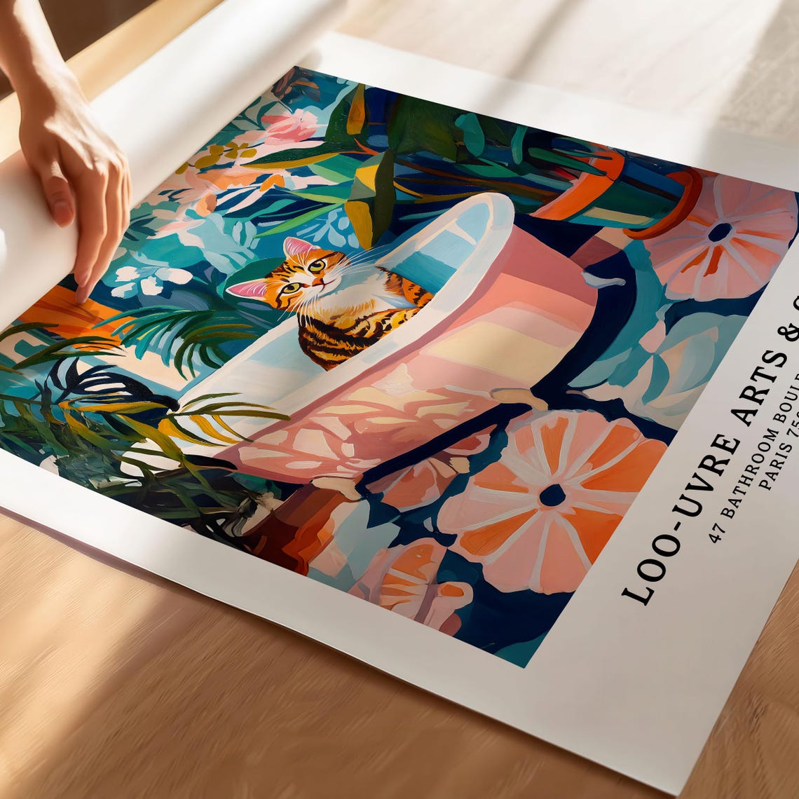 Matisse Style Tabby Cat in a Pink Clawfoot Bathtub Art Poster - Image 6