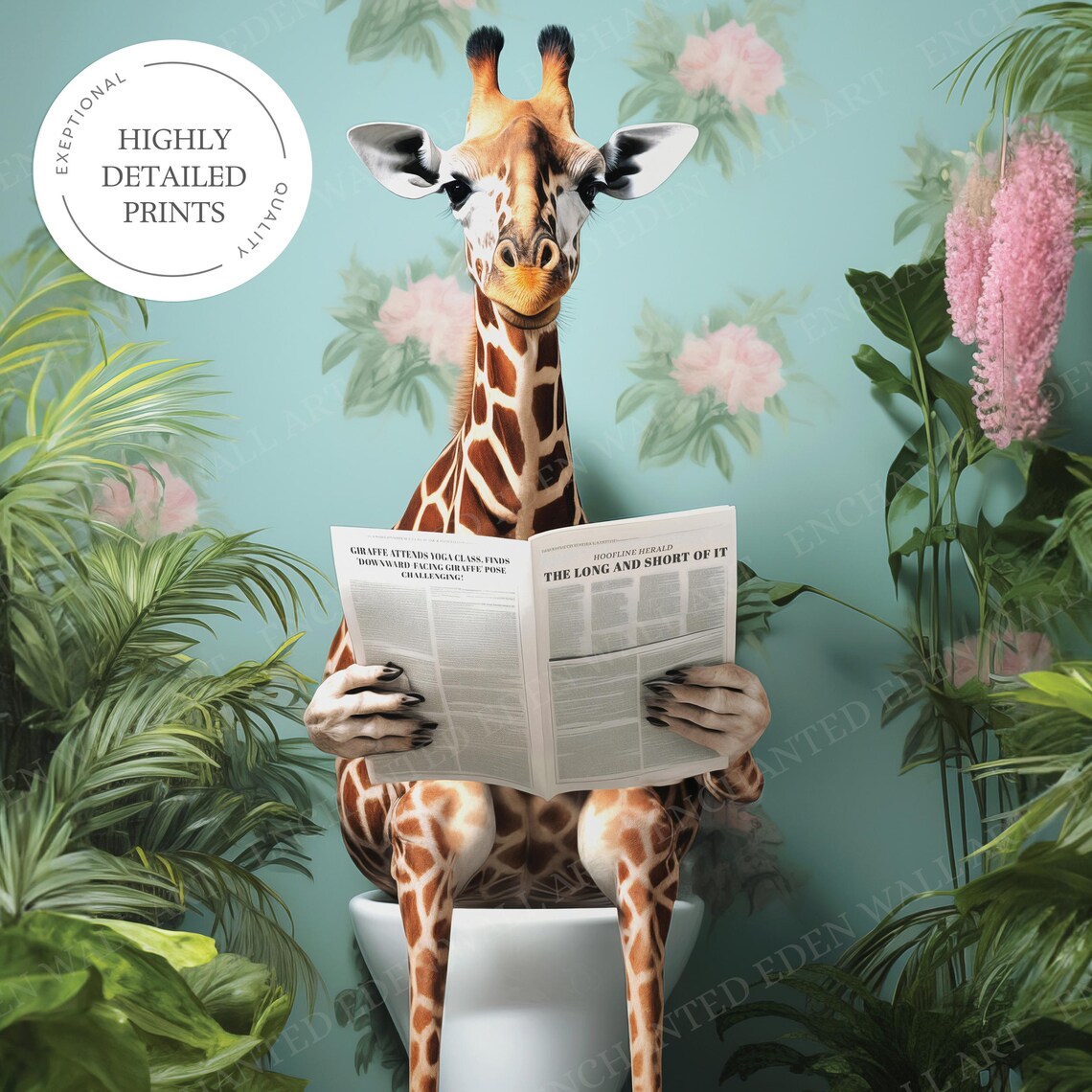 Giraffe Sitting on a Toilet Reading the Newspaper Bathroom Poster - Image 6