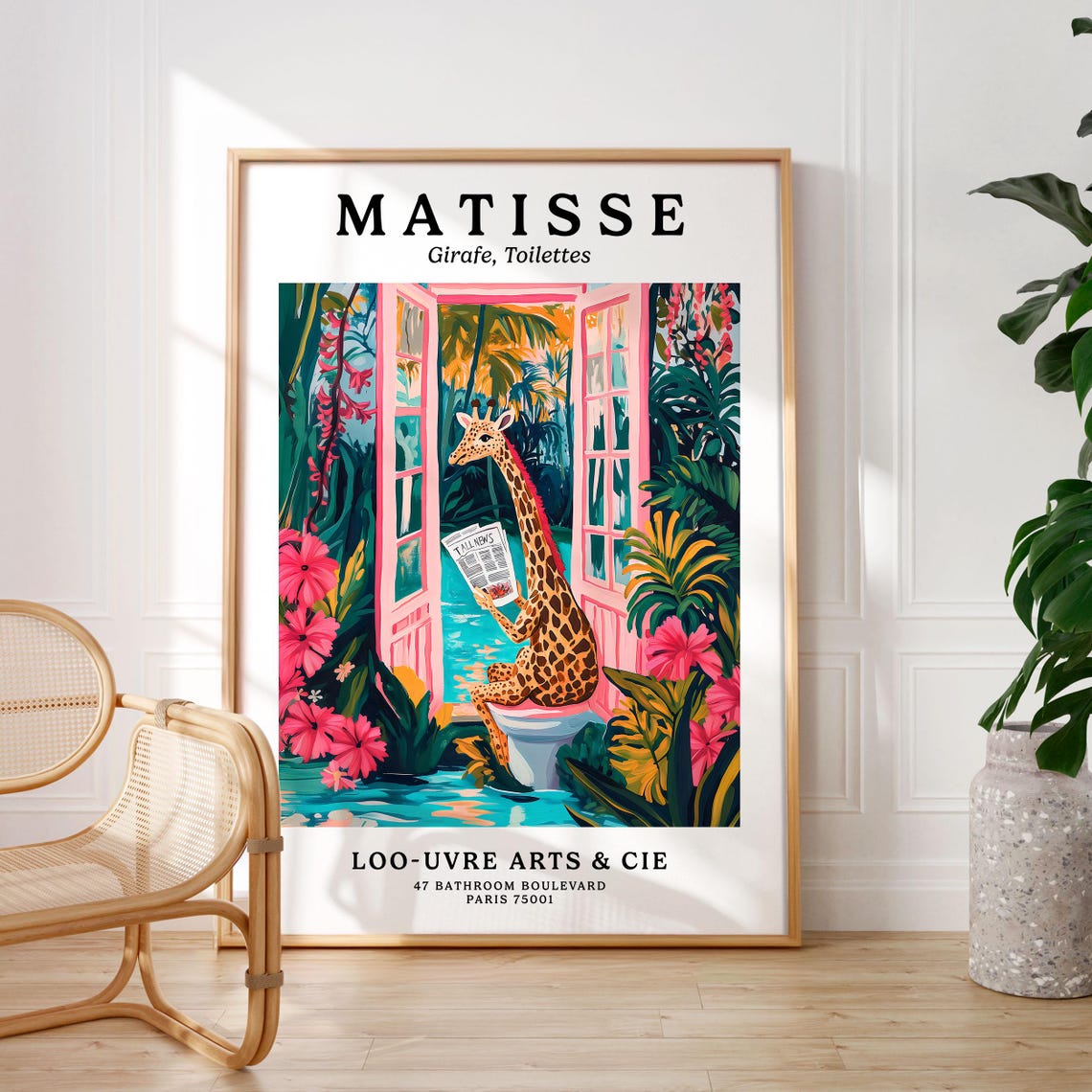 Matisse Style Giraffe Reading on a Pink Toilet Parody Art Poster